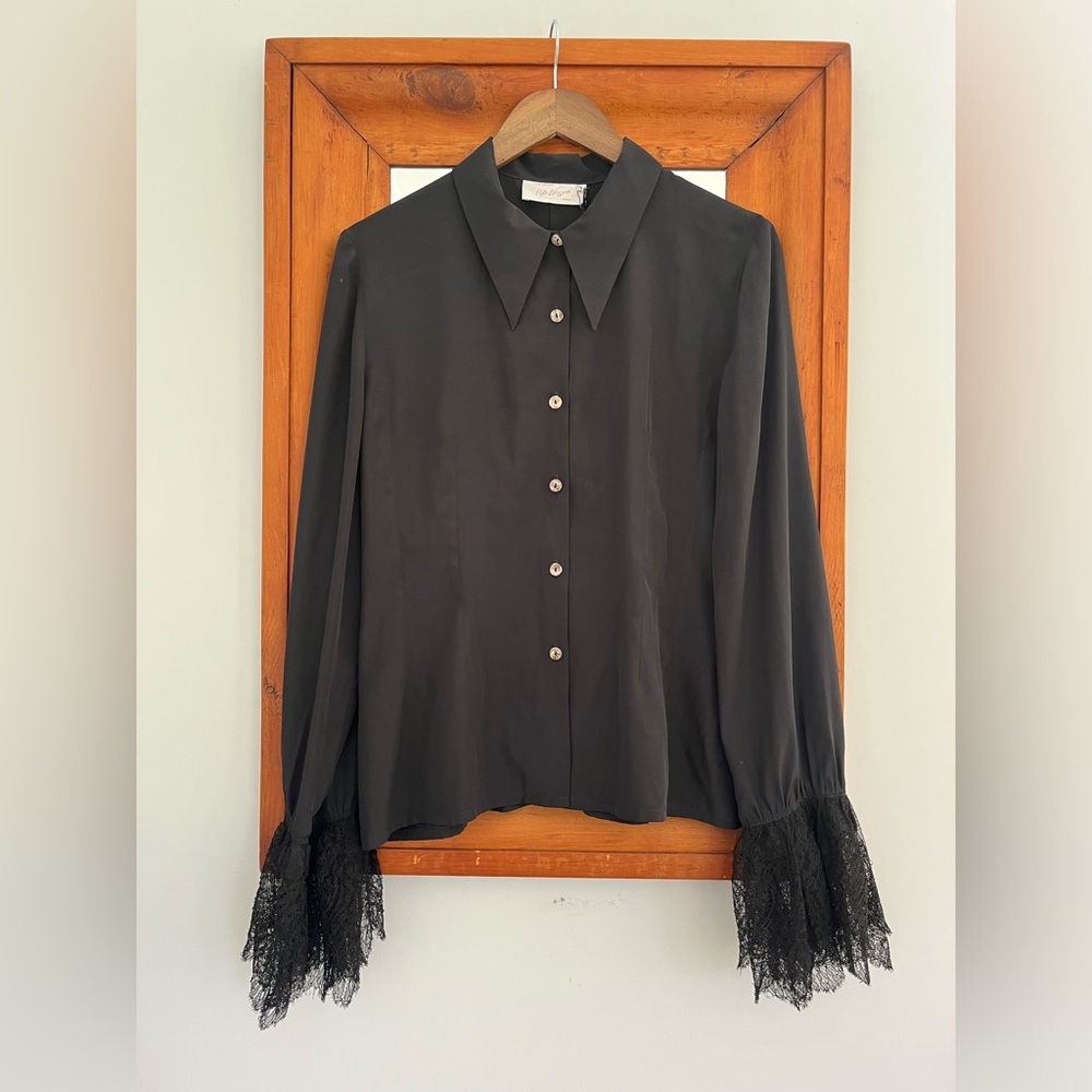 1970s Vintage French Couture Black Lace Cuff Blouse